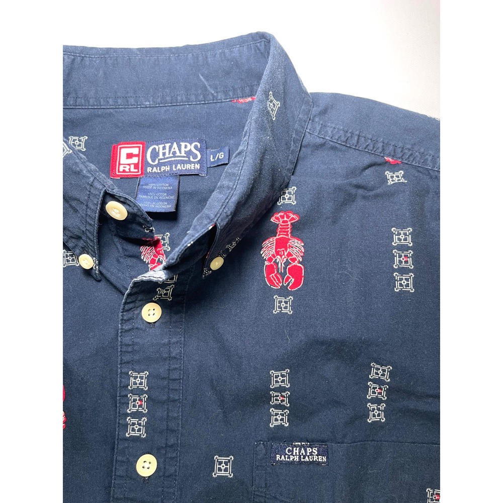 Vintage 90s Chaps Ralph Lauren Lobster Print Button Down Shirt Navy Blue Mens L - Picture 4 of 7